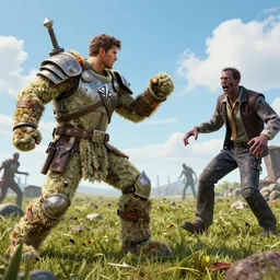 a man wearing armor made out of carpet while fighting a zombie, digital art, highly detailed, realistic, bright colors, 8 k