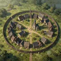 Aerial establishing shot of a medieval village surrounded by circular wood palisade, daylight, matte fantasy painting, DeviantArt Artstation, by Jason Felix by Steve Argyle by Tyler Jacobson by Peter Mohrbacher, cinematic lighting
