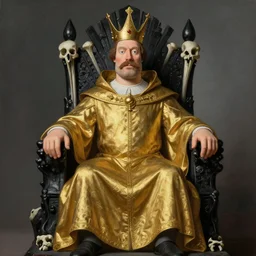 perfectly centered portrait of hank hill in gold gothic robe sitting on a throne of black bones, highly detailed painting by gaston bussiere, craig mullins, j. c. leyendecker, 8 k, mid shot