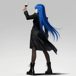 low - angle shot from behind of a long blue - haired girl in a tailcoat raising a toast, combat boots, noir, screenshot, sharp focus, intricate, illustration, cell shaded, digital painting, highly detailed, straight hair, art by ilya kuvshinov, wlop, greg rutkowski, studio quality, james jean
