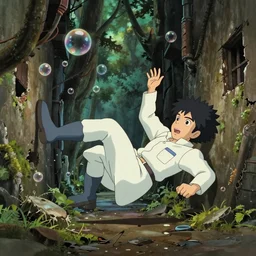 realistic interior shot from howls moving castle ( 2 0 0 4 ) scientist falling into an abandoned alley. bubble in a dense woodland. cartoon depth of field.