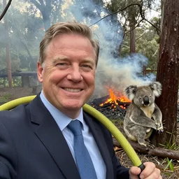 Prime Minister Scott Morrison selfie by a forest fire, not holding a hose, smoke, koala bear in tree, cinematic, hyper realism, high detail, vivid colors, octane render, unreal engine, 8k