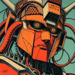 risograph grainy drawing vintage sci - fi, satoshi kon color palette, gigantic gundam full - body covered with human bodies and wires, with lot tentacles, vermilion - orange and black - grey palettes, codex seraphinianus painting by moebius and satoshi kon and dirk dzimirsky close - up portrait