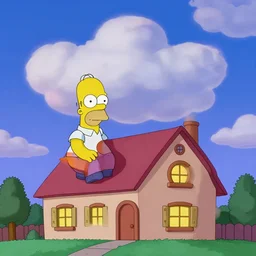 homer simpson andthe simpsons house clouds, blue sky, summer evening, kenton nelson