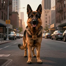 the german shepherd of i am legend in new york, manga style, octane render, unreal engine, sundown, empty streets