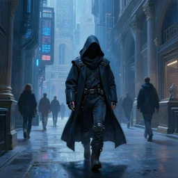 hyperrealistic and beautiful painting of a cloaked figure walking through the alley way within a grand city, wanderers traveling from afar, man dressed in techwear, classical architecture, technological lights, screens, cyberpunk style, 8 k resolution, by hugh ferris and john smith, polished, fine detail, intricate, blue color scheme, cyberpunk style, smooth, octane, concept art, trending on artstation