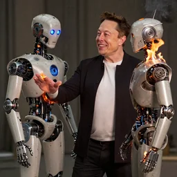Elon Musk smiling while casually setting himself on fire, revealing that he is a robot