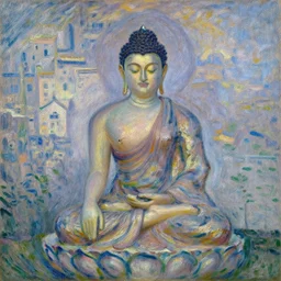 city, buddhism, impressionnisme, painting by greg rutkowski, artgerm, claude monet