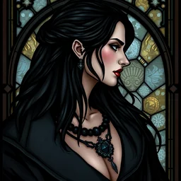 beautiful and detailed portrait of yennefer from the witcher 3, profile view, side view, black necklace, long black and grey coat, long black hair, stained glass art, by alphone mucha, very masterful