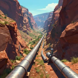 A pipeline going alongside a canyon, digital art, artstationhq