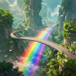 incredible, crossing a mindblowingly beautiful rainbow bridge, energy pulsing, matte painting, artstation, solarpunk metropolis, cgsociety, dramatic lighting, vibrant greenery, concept art, octane render, arnold 3 d render