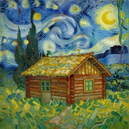[ a log cabin in the forest ] [ van gogh ] [ greg rutkowski ]
