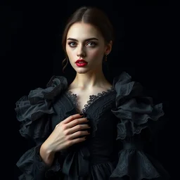 portrait of beautiful female model by irakli nadar with intricate detailed wearing victorian dress designed by alexander mcqueen and rocky gathercole, haunting, elite, elegant, ruan jia, dark, hyper detailed, concept art, by gustav klimt, studio portrait taken using canon mark ii, studio lighting gel, black studio background