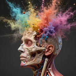 still shot of a footage of a human head explodes and disintegrates into a huge mass of coloured powder, motion blur, hyperrealistic, medical, intricate art photography, anatomically correct, realistic crisp textures, 1 6 k