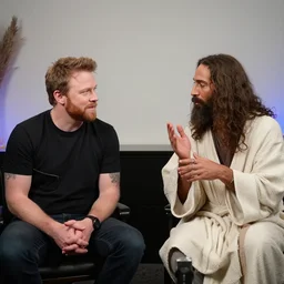 a picture of joe rogan, on the joe rogan experience, meeting elk jesus. still from podcast. 4 k, hd.