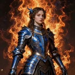Gothic princess in dark and blue dragon armor. By El Greco, fractal flame, highly detailded
