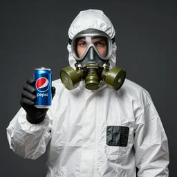 a man wearing a hazmat suit and gasmask is holding a can of pepsi