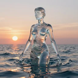 woman made of clear glass emerging out of the ocean at sunset, realistic reflections, ray tracing, 3 - d render, intricate details,