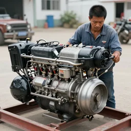 a man with engines on his back, diesel engine, gasoline engine, combustion engine