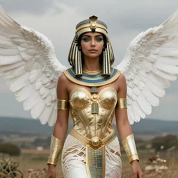 beautiful sultry egyptian queen wearing white dove wings, warframe armor, regal, attractive, ornate, sultry, pretty face, green eyes is represented by peter mohrbacher, art nouveau, landscape, cinematic