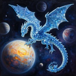 prompt blue crystalline dragon, European dragon, devouring a planet, space, planets, moons, sun system, nebula, oil painting, by Fernanda Suarez and and Edgar Maxence and greg rutkowski