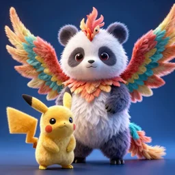 high quality 3 d render hyperrealist very cute multicolor stripped fluffy! panda phoenix hybrid with wings!!!, highly detailed, vray smooth, in the style of detective pikachu, hannah yata charlie immer, dramatic blue light, low angle, uhd 8 k, sharp focus