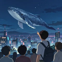 A man pointing to a blue whale floating in the sky over a futuristic city, crowd looking at sky, night time, extra detailed, by Makoto Shinkai and thomas kinkade, digital painting, Matte painting, trending on artstation and unreal engine