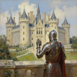 a knight swearing an oath before an illustrious castle, beautiful beyond words, oil on canvas
