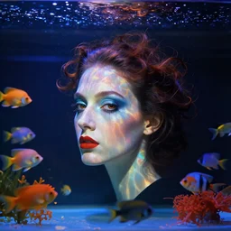 female head in a aquarium, lights caustic, tropical fish, surreal photography by Man Ray and Salavdor Dalì