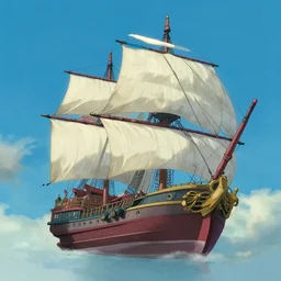 a painting of a ship floating in the sky, a detailed matte painting by hayao miyazaki, cgsociety, sots art, official art, matte drawing, matte painting