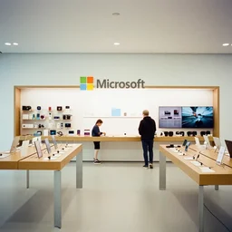 interior photography of a Microsoft Samsung flagship store in the style of Wes Anderson and Denis Villeneuve, retaildesignblog, dezeen, 14mm, pentax, film