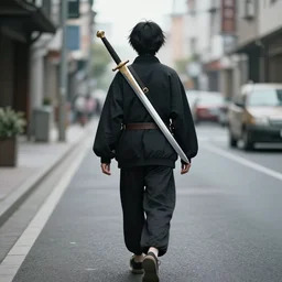 Photo Of A Person Walking On The Street With A Sword On His Back And Anime Hair, 4K