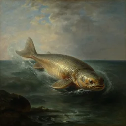 anomalocaris swimming at tempestuous sea, rembrandt baroque painting, dutch golden age painting, ludolf backhuysen sea painting, mysterious, ambient light, dramatic light, soft colours, oil on canvas