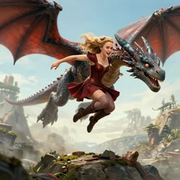 Emilia Clarke jumping over a pit with dragons behind her in the air, artwork by charlie bowater