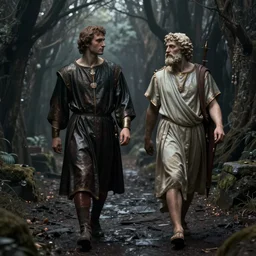 dante alighieri and the poet virgil walking through limbo, digital art, gloomy, dark, detailed 8 k