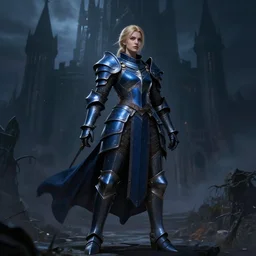 Fermale Paladin, justice, navy blue armor, darkness, shadowy castle background, heroic pose, dnd, d&d, trending on artstation, artstationHD, artstationHQ, matte painting, chiaroscuro