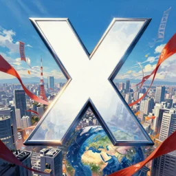 an epic comic book style painting of the uppercase letter x towering over the world, the letter x, giant font, lettering, tokyo cityscape with ribbons, banners and ribbons, trending on artstation, dynamic lighting