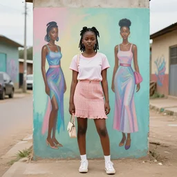 still from music video of a cute xhosa girl from die antwoord standing in a township street, street fashion clothing,! haute couture!, graffiti, full figure painting by martine johanna, njideka akunyili crosby, rossdraws, pastel color palette, 2 4 mm lens