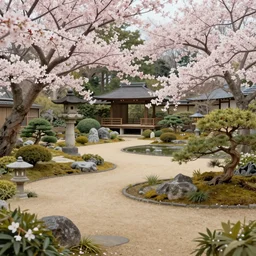peaceful Japanese garden in the middle of spring, matte painting,