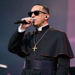 pope in sunglasses rapping on a stage while holding a mic, wearing white robe and pope crown, crowd cheering, award winning photography, big gold cross