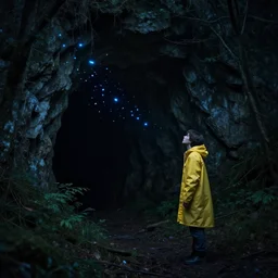 small blue glowing fragments floating towards a cave entrance in the woods, young man with yellow raincoat, 8 k, award - winning, hyperdetailed, mysterious, eerie, spooky, night