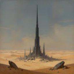 a beautiful painting of a tall black spire jutting out of a post apocalyptic wasteland by jonathan bentley and Benjamin Sjoberg, scifi concept art, dystopian, desolate desert.
