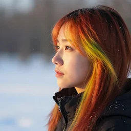 of 85mm woman with rainbow hair staring at snow side angle golden sunlight hitting face