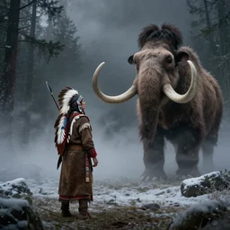native american weilding spear next to woolly mammoth emerging from fog, snowy forest, dramatic, cinematic, artstation, realistic photograph, ambient, dark shades of colors, unreal engine 5, rendered by octane