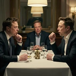 bussines dinner between mark zuck, peter thiel and elon musk, cinematic shot, super detailed