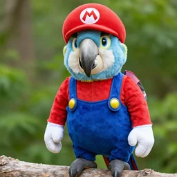 Hyacinth macaw wearing super mario costume