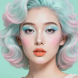 facial portrait of a beautiful gelatin female with pastel smeared makeup, cotton candy hair, orange lips, mint background, deep focus, intricate, elegant, highly detailed, photo, 8 0 s, artstation, 8 k, sharp focus, subsurface scattering, global illumination, radiant