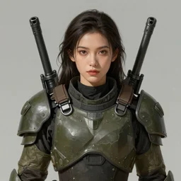 a finely detailed portrait of an attractive young woman, clothed in military-style battle armor, shoulder mounted gun, olive skin, long dark hair, beautiful bone structure, symmetrical facial features, intricate, elegant, digital painting, trending on Artstation, concept art, smooth, sharp focus, illustration, from Metal Gear by Ruan Jia and Mandy Jurgens and Artgerm and William-Adolphe Bouguerea, award winning
