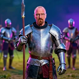 medieval jousting tournament featuring saul goodman from breaking bad, photorealistic, trending on artstation, neon colours, over saturated colours,