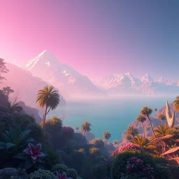 a retrowave style artwork of a paradise garden, a land of the dead, divine, hazy, volumetric lighting, snowy summits in the background, vast turquoise lake, lush flora, empty, spacetime bending, very detailed, serene, gold accents, washed out colors, beautiful artwork, master level composition, raytracing